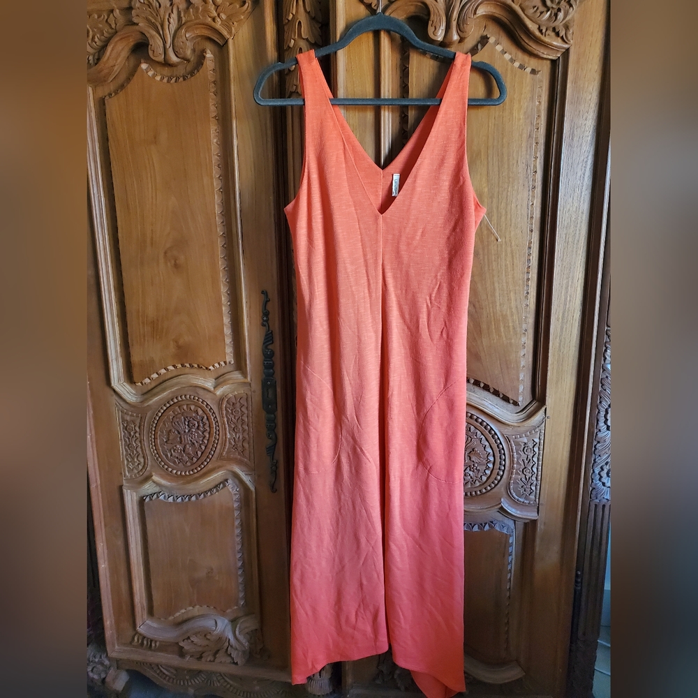 Lanston Asymmetric Midi Knit Coral Dress With Pockets Size Xs